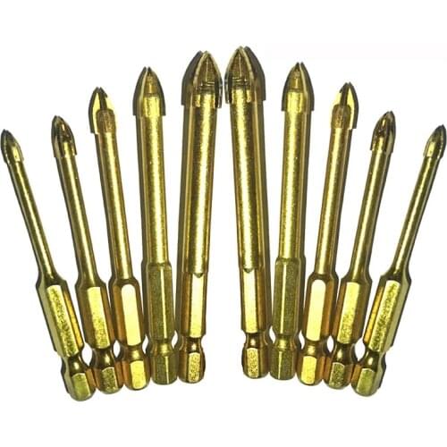 10pcs 1/4" Hex Shank Glass Bits Titanium Coated Glass Drill Set 4 5 6 8 10mm Ceramic Marble Cross Tipped Hole DB02002