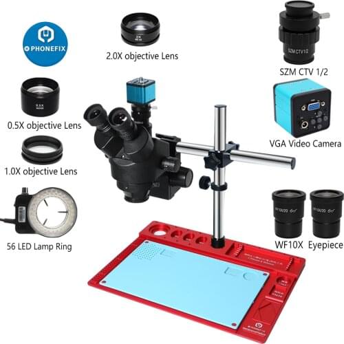 1080P VGA USB Video Camera Simul-Focal 3.5X-90X Continuous Zoom Stereo Trinocular Microscope CTV Adapter Phone PCB Repair Kit