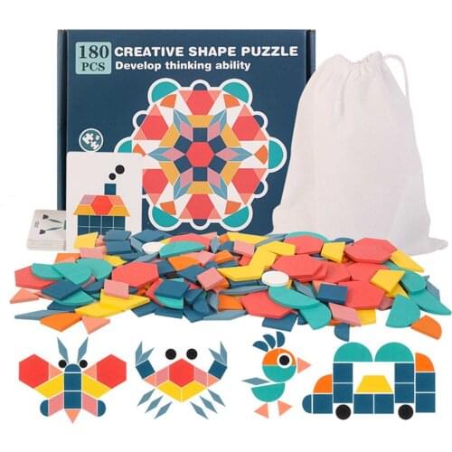 180Pcs 3D Education Geometric Tangram Wooden Game Toys Wooden Jigsaw Puzzle Early Childhood For Children Montessori Learning