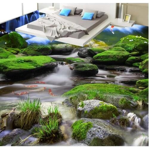3d floor wallpaper Rock Creek waterfall naked eye 3D floor Home Decoration PVC wear waterproof