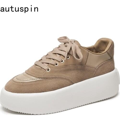 Autuspin Fashion Flat Platform Women Shoes 2021 Spring Newest Genuine Leather Chunky Round Toe Loafers Female Lace-up Basic Shoe