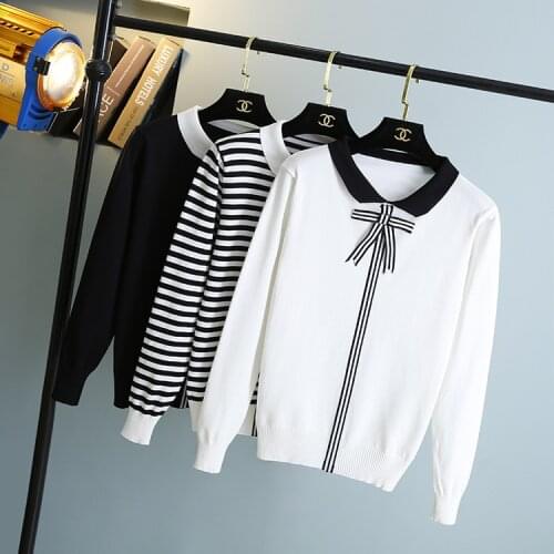 Black and white striped doll collar t shirt women long-sleeved autumn knitted collar sweater coat 2020 new Korean show thin