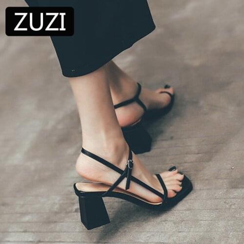 ZUZI Roman Sandals Female 2021 New Summer Fairy Style Word Belt Womens Shoes Korean Version Wild Thick Heel High Heels Slippers