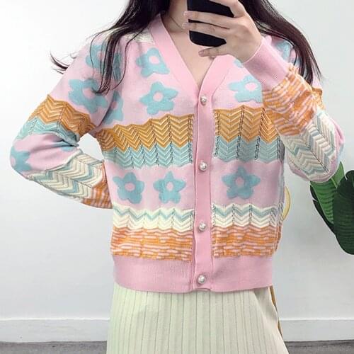 Jastie Knitted Sweater Women Autumn 2021 V-Neck Long Sleeve Loose Flower Jacquard Stitching Pink Single-Breasted Cardigan Tops