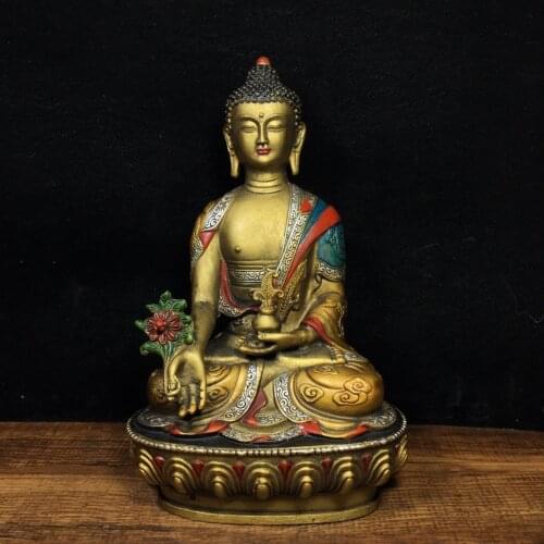 8"Chinese temple collection Old Bronze Painted Medicine Buddha Amitabha Sakyamuni Sitting Buddha Ornaments Town House