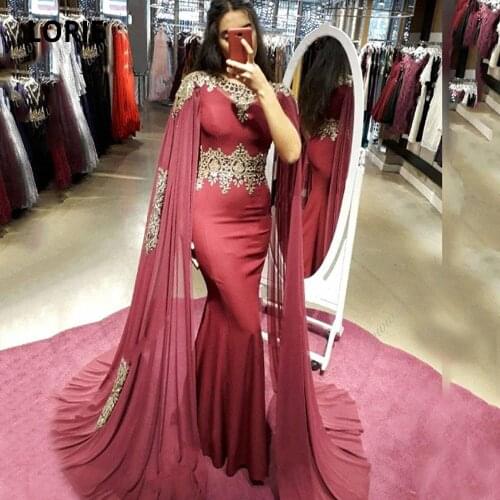 LORIE Burgundy Muslim Formal Evening Gowns Mermaid Long Plus Size 2020 Kaftan Prom Dresses with Appliques Arabic Cap Sleeve Cape