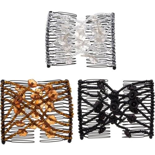 LOVEF 3PC Flower Magic Beads Elasticity Double Hair Comb Clip Stretchy Combs Clips Accessories