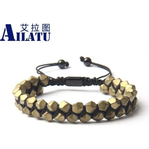 Men Bracelet Double Beaded Faceted Cut Bronze Color Hematite Macrame Friendship Jewelry Nice Gift Drop Shipping Logo Engrave