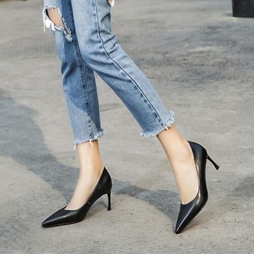 Pointed leather single shoelace with single shoes high heel stiletto shoes womens shoes white collar beauty shallow mouth mouth