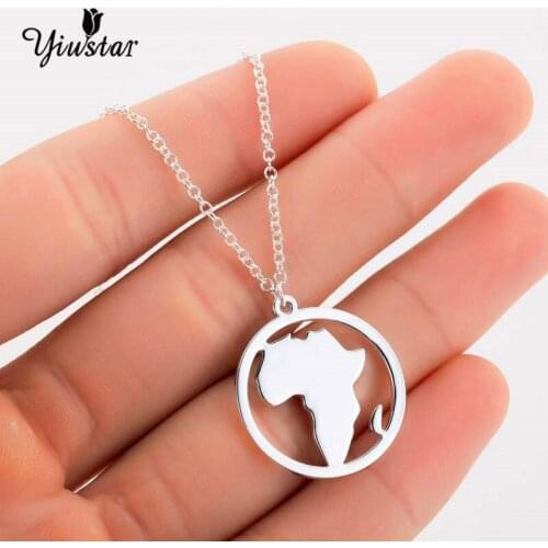Yiustar Africa Map Shape Pendant Necklace Steel Color Round Stainless Steel Necklace Holiday Travel Choker for Women Keepsake