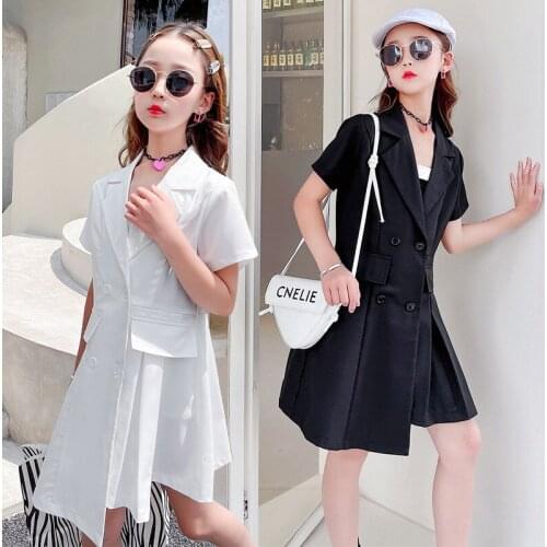 Girls Suit dress Blazer Dress Asymmetric Long Coat Black White Blazer Dresses for 5-13Years Kids High Quality Hot Sale Clothes