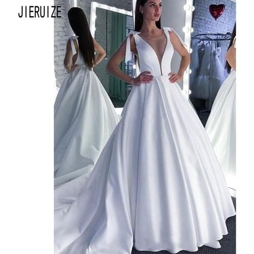 JIERUIZE Simple Princess Wedding Dresses Sheer O Neck Backless Draped Bow A Line Satin Bride Wedding Gowns vestido de noiva