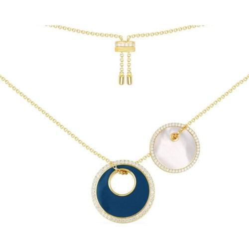 Luxury Brand Solid 925 Sterling Silver Round Navy Enamel and White Nacre Two Pendants Necklace Women Fashion New Jewelry