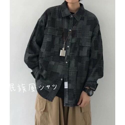 Japanese retro national style sub shirt mens long sleeve Korean fashion loose color matching shirt BF style casual coat