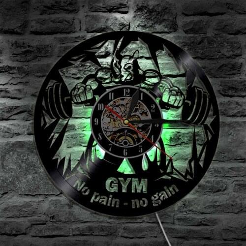 GYM No Pain No Gain LED Wall Sign Lighting Vinyl Record Wall Clock Weight Lifter Strong Man Glow In Dark LED Night Light