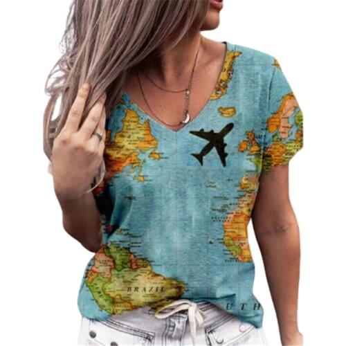5XL Oversized Summer Floral Print T Shirt Women Short Sleeve 3D Map Shirt Fashion Casual V-Neck Ladies Plus Size Loose Top 2021