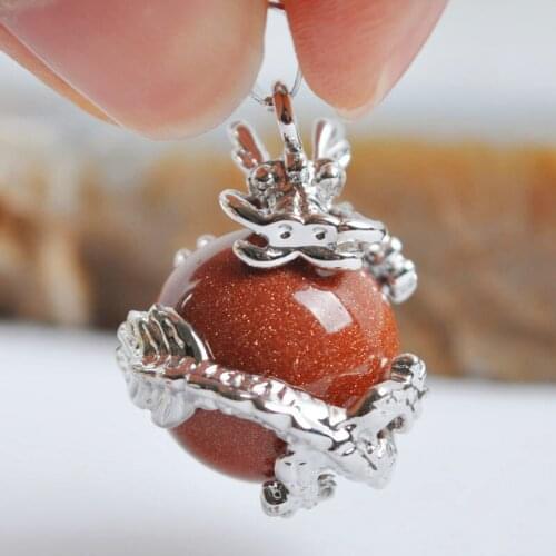 Gold Sandstone Round Bead Pendant Dragon Jewelry For Woman Gift S551