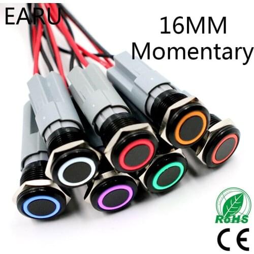 16mm LED Light Momentary Reset Alumina Black Body Waterproof Metal Push Button Switch Car Engine PC Power 3V 5V 6V 12V 24V 220V