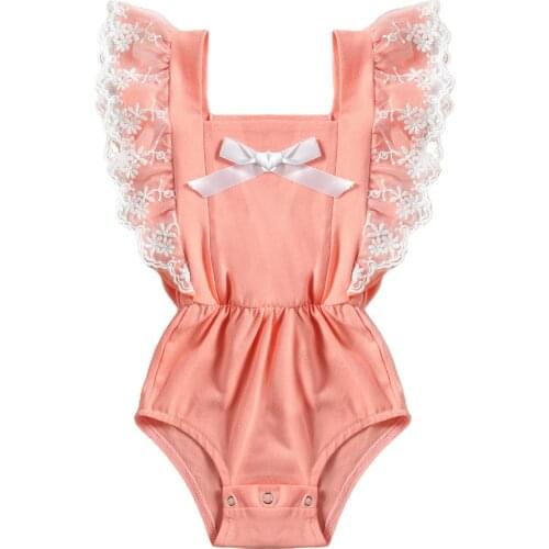 2021 Children Infant Fashion Solid Color Jumpsuits Summer Sweet Bow Lace Trim Fly Sleeve Triangle Romper