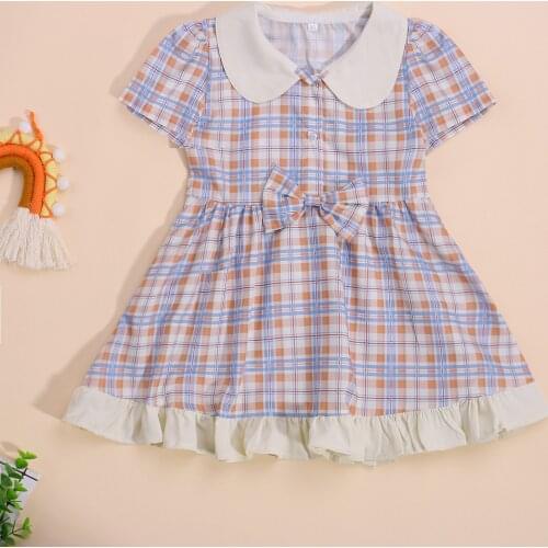 2021 Lovely Baby Sweet Short Dress Doll Collar with Bow Plaid Pattern Printing Casual Dress Summer Clothing 1-6 Years