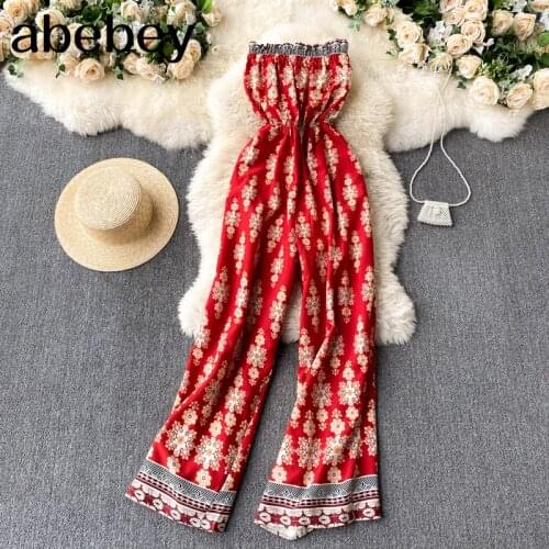 2021 Womens Spring Fashion New Floral One-piece Auricularia Edge One Shoulder Travel Racket Wide Leg Pants D0142