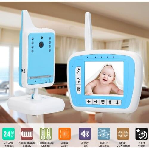 3.3in 2.4GHz Wireless Baby Monitor + Camera support Auto Pair Plug and Play 2-way Talk IR Night View Temperature