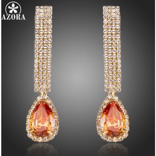 AZORA Noble Gold Color 4 Rows Full Champagne Cubic Zirconia Tear Drop Earrings TE0124