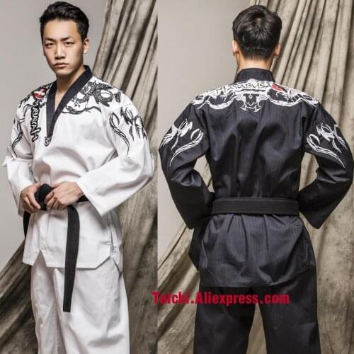Martial Arts TKD Tae Kwon Do V-neck Adult & Children Taekwondo Clothes For Poomsae & Training,WTF Uniform,160-190cm Black/white