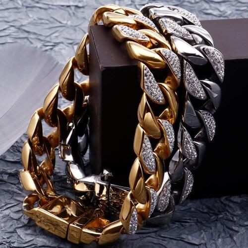 Gold Stainless Steel Curb Cuban Chain Bracelet 2020 Man Hiphop CZ Crystal Biker Skull Wristband Jewelry Mens Bracelets Bangles