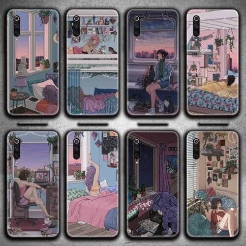 Japanese style Art Aesthetic Girl Cat Phone Case for Xiaomi Mi Note 10 Lite Mi 9T Pro xiaomi 10 CC9 9SE