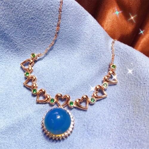 Pure natural blue amber pendant necklace S925 sterling silver with white zirconium on the outside and pink zircon on the inside