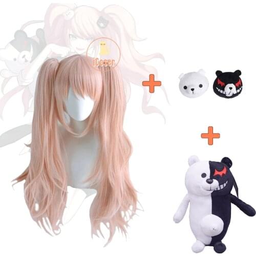 Danganronpa Enoshima Junko Cosplay Wig Bear Hairpins Black Bear Anime Plushie Dangan Ronpa Girls Cosplay Costume Accessories