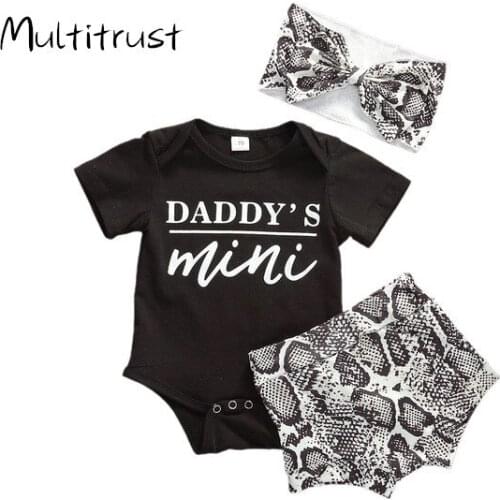 Multitrust 3pcs Infant Baby Girls Boys Clothes Sets Letter Print Shorts Sleeve Romper Tops+Shorts+Headband 0-18M