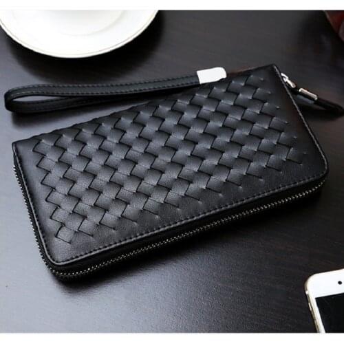 Mens Woven Handbag Zipper Bag Knitting Horizontal Plaid Versatile Wallet PU Cardbag Moneybag Gentleman Business Purse Gift