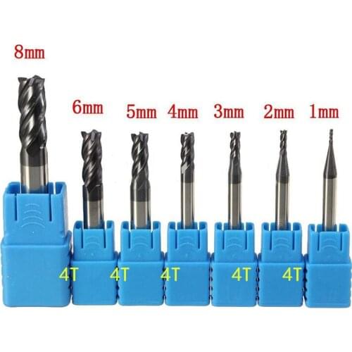 7pc/set HRC45 HRC55 4 flutes 1MM 2MM 3MM 4MM 5MM 6MM 8MM CNC Tool Tungsten Carbide End Mill set Aluminum milling cutter
