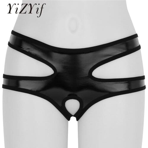 YiZYiF Underwear Women Lingerie crotch open Sexy Panties fetish Wet Look Faux Leather Crotchless Hollow Out Low Rise Mini Briefs
