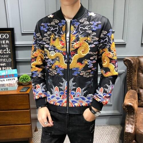2020 Autumn Dragon Print Vintage Coat M-5XL Mens Jackets Streetwear Chinese Style Hip Hop Bomber Jacket Men Clothing