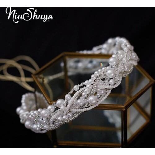 NiuShuya Pearls Beaded Headband Headpieces Women Bridesmaids Hairband Headdress Bride Tiara Crown Wedding Accessories Hairwear