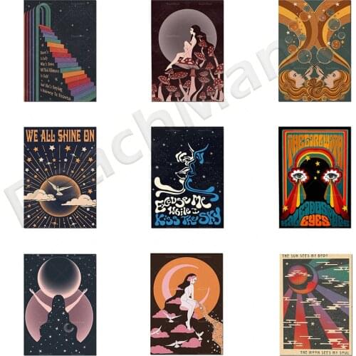 Psychedelic wall art, girl with kaleidoscope eyes, mushroom art, sun and moon, stairs to heaven, 70s wall art, bohemian art prin
