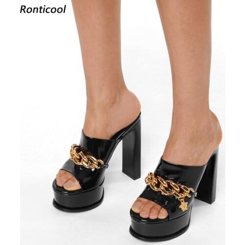 Ronticool Women Platform Sandals Unisex Sexy Chain Comfort Block Heels Open Toe Elegant Black White Party Shoes US Size 5-10.5