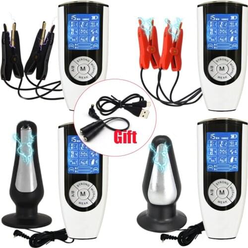 Strong BDSM Power Box,Electric Shock Pulse Big Anal Butt Plug E-Stim Nipple Clamps Labia Clips G-Spot Prostate Massager Sex Toys