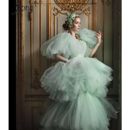 Sweet Candy Color Mint Green Tulle Prom Dresses 2020 Ruffles Tiered Long Prom Gowns With Puff Tulle Formal Dress To Shoot