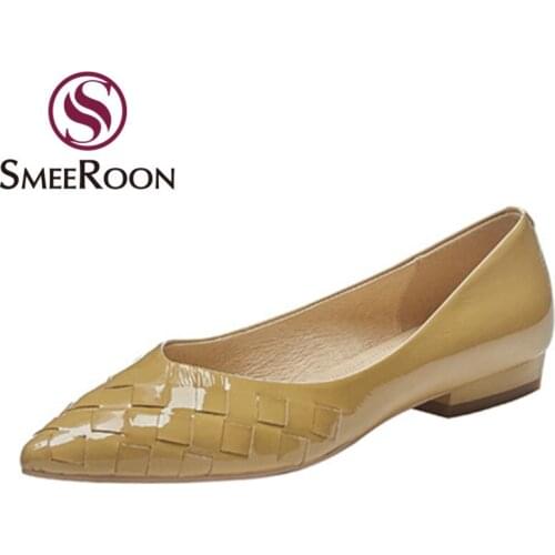 Smeeroon 2021 Genuine Leather Shoes Square Heels Pointed Toe Shallow Ladies Shoes Summer Fashion Simple Party Dress Shoes