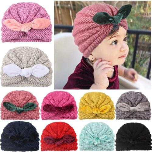 New Baby Knitted Beanie Cap Velvet Bows Knotted Skullies Caps Kids Infants Hats Winter Warm Hat