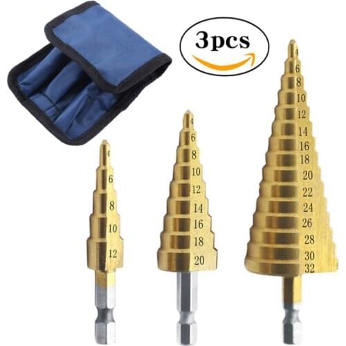 WENXING 3Pcs HSS Titanium Drill Bit 4-12/ 4-20 /4-32mm Drilling Power Tools Metal High Speed Steel Wood Hole Cutter Cone Drill