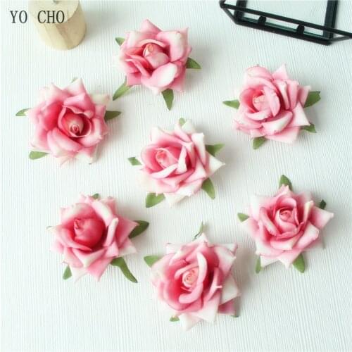 YO CHO 10pcs Artificial Flower Head Rose Pink Silk Flowers Garden Decoration White Artificial Flower Heads Wedding Flower Heads