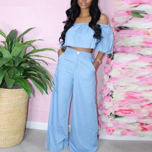 Women Solid Two Piece Streetwear Suits Chic Off shoulder Crop Top & Wide Leg Loose Pants Set For Woman