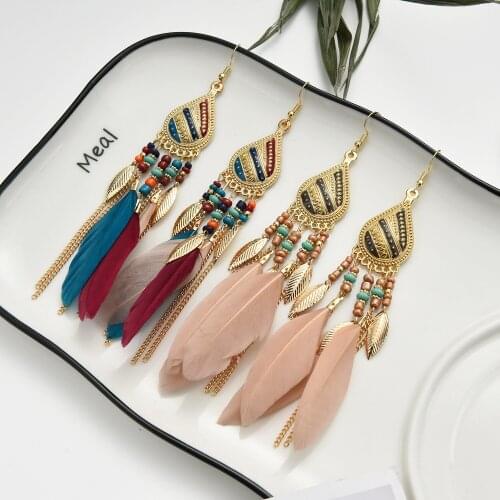Long Feather Earrings Studs ethnic style Women Bohemian Fairy Accessories Leaf Earrings Vintage Aesthetic Charms Jewelry Making