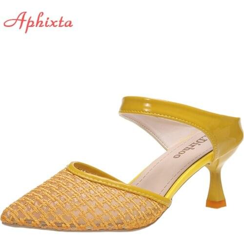Aphixta 6.5cm Thin Heels Slides Summer Cool Pointed Toe Breathable Air Mesh Women Slippers For Girl Mules Mujer Elegant Shoes