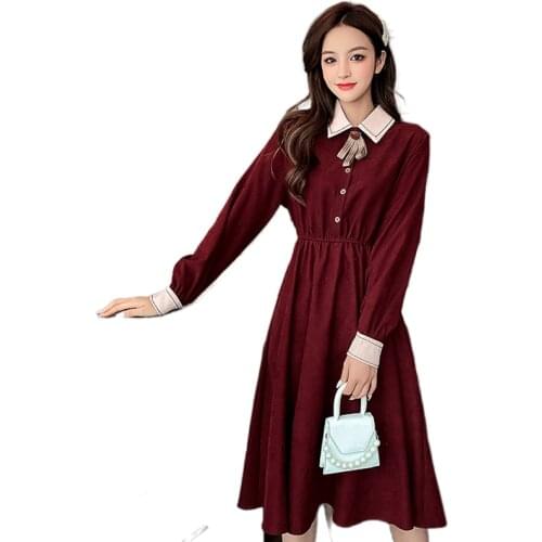 Women Winter Spring New Year Christmas Gift Girls Solid Color A Line Bow Tie Dress 2236